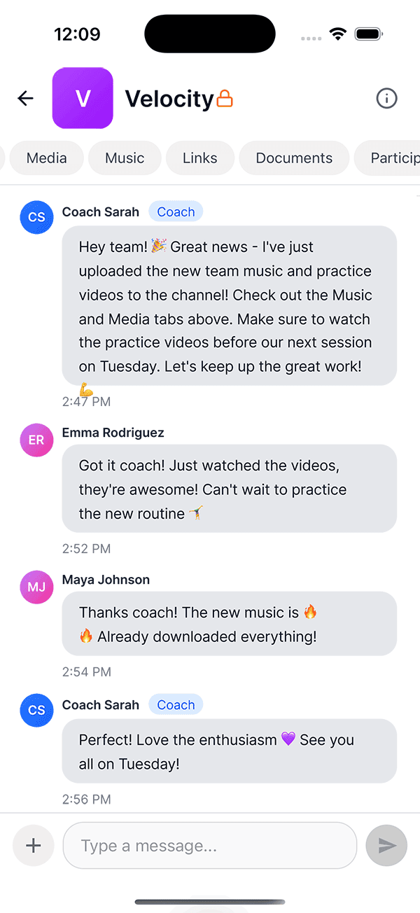The CheerVue app team chat screen