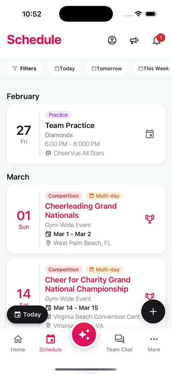 The CheerVue app schedule screen