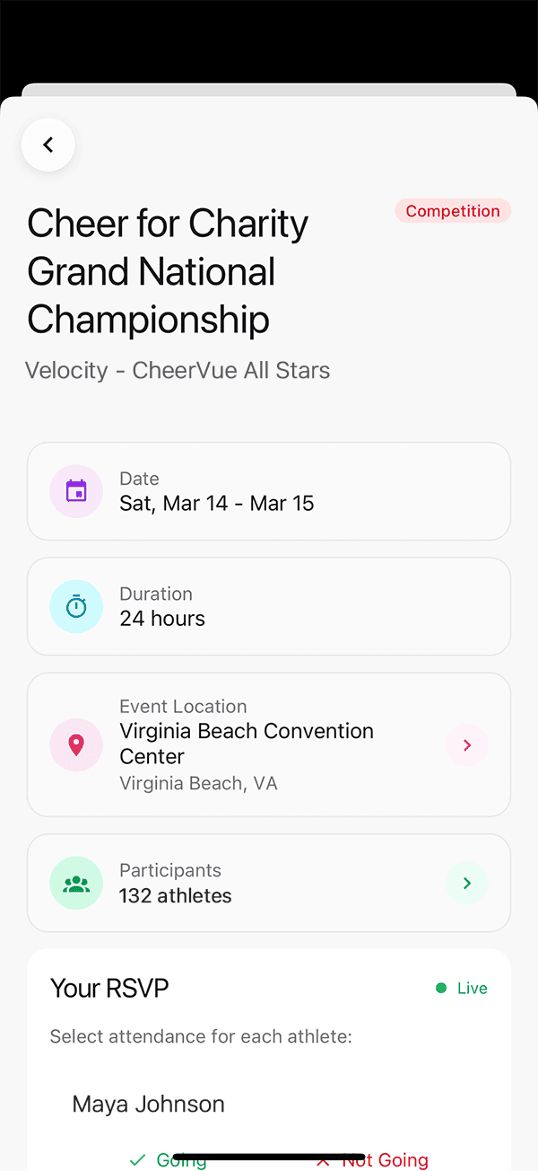 CheerVue mobile app - Event Details