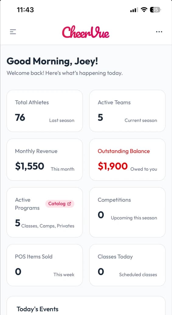 CheerVue mobile dashboard