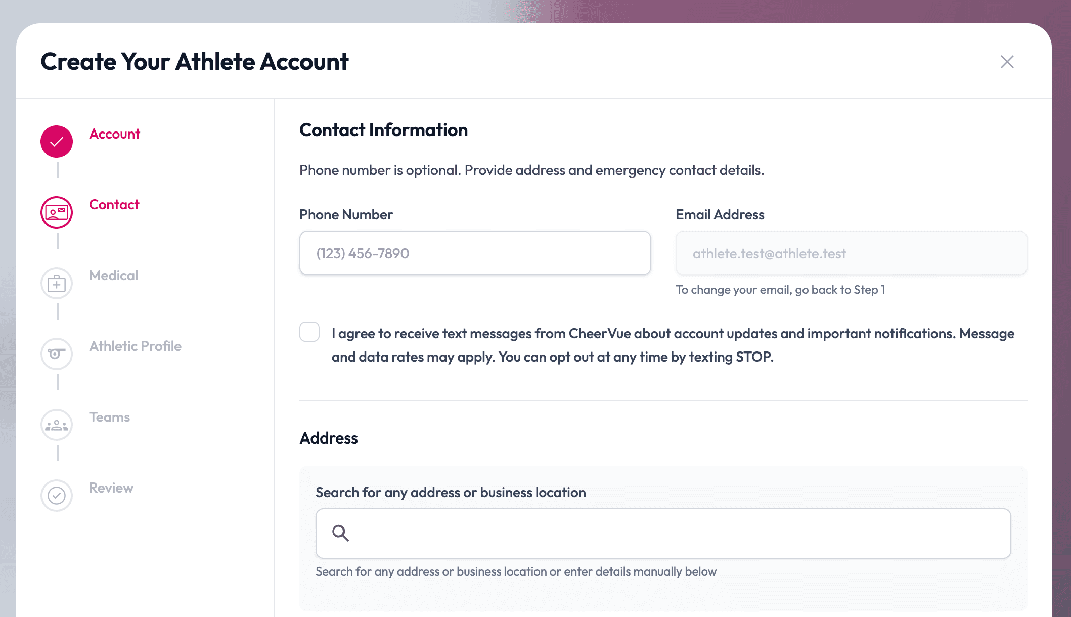 Athlete Registration form showing SMS opt-in consent checkbox below the phone number field