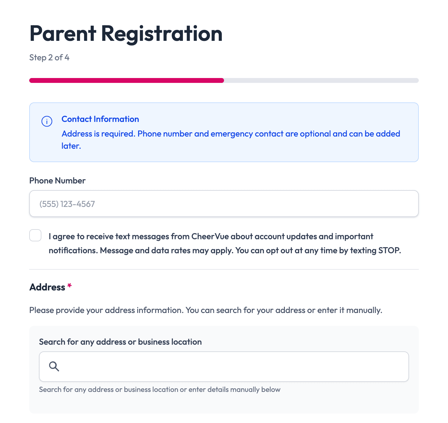 Parent Registration form showing SMS opt-in consent checkbox below the phone number field