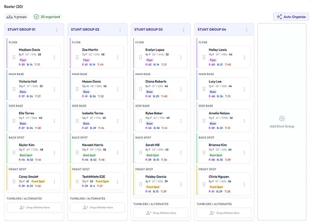 CheerVue Team Builder — organize stunt groups with drag and drop