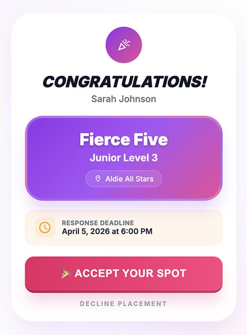 CheerVue Team Reveal — congratulations screen on mobile